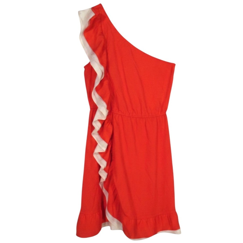 CHELSEA VIOLET Orange/Cream Trim CREPE Sleeveless RUFFLE ONE SHOULDER Dress Sz M